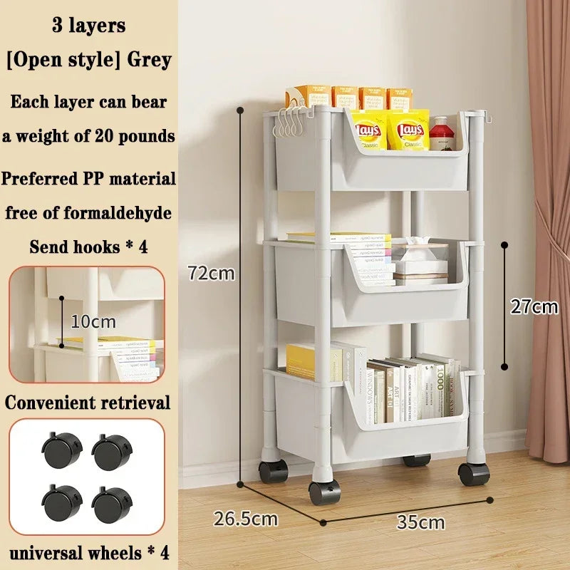 Bedroom Multi-layer Storage Rack, Mobile Organizer Handcart, Living Room Bookshelf, Kitchen Wheel Cart for Snacks