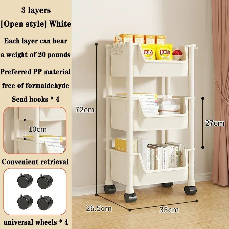 Bedroom Multi-layer Storage Rack, Mobile Organizer Handcart, Living Room Bookshelf, Kitchen Wheel Cart for Snacks