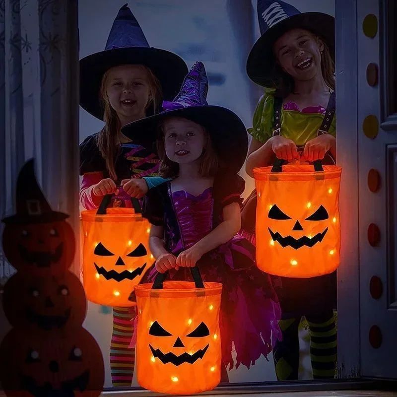 LED Light-Up Pumpkin Trick-or-Treat Bucket – Collapsible Reusable Halloween Candy Basket