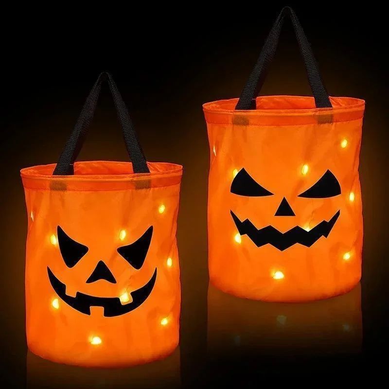 LED Light-Up Pumpkin Trick-or-Treat Bucket – Collapsible Reusable Halloween Candy Basket