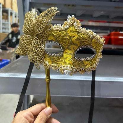Venetian Half Face Masquerade Mask with Holding Stick