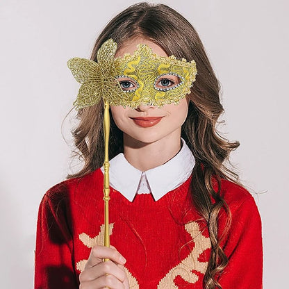 Venetian Half Face Masquerade Mask with Holding Stick