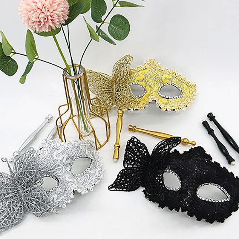 Venetian Half Face Masquerade Mask with Holding Stick