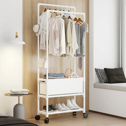 Multifunctional Coat Rack Double Pole With Shelf For Entryway, Durable Sturdy Design, Storage Shelves, Standing Wheels