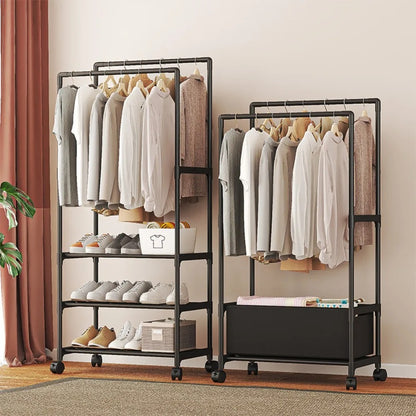 Multifunctional Coat Rack Double Pole With Shelf For Entryway, Durable Sturdy Design, Storage Shelves, Standing Wheels