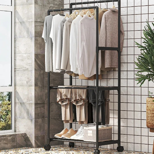 Multifunctional Coat Rack Double Pole With Shelf For Entryway, Durable Sturdy Design, Storage Shelves, Standing Wheels