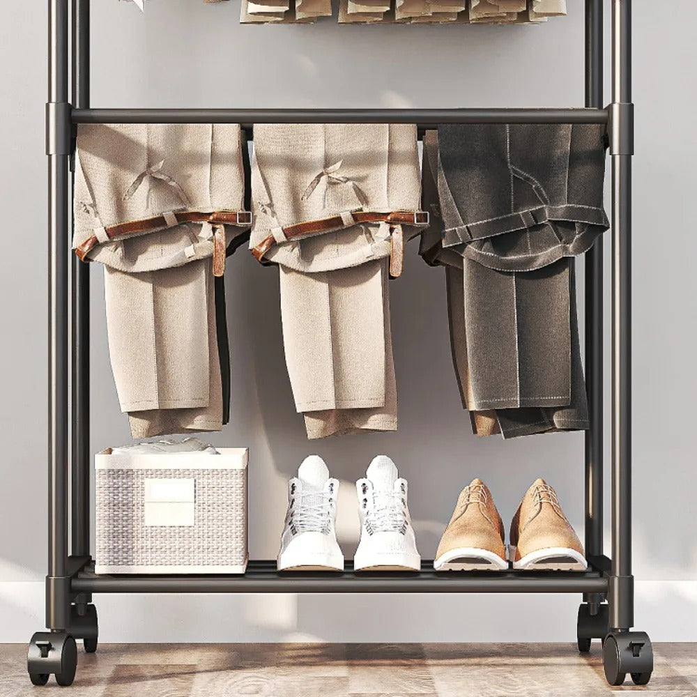 Multifunctional Coat Rack Double Pole With Shelf For Entryway, Durable Sturdy Design, Storage Shelves, Standing Wheels