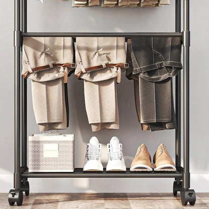 Multifunctional Coat Rack Double Pole With Shelf For Entryway, Durable Sturdy Design, Storage Shelves, Standing Wheels