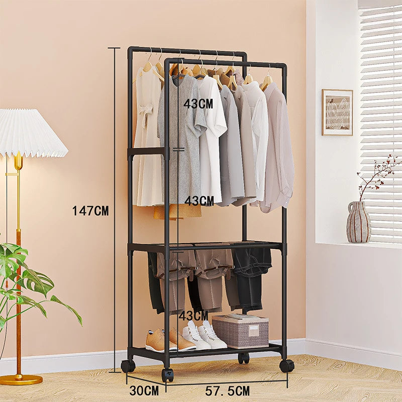 Multifunctional Coat Rack Double Pole With Shelf For Entryway, Durable Sturdy Design, Storage Shelves, Standing Wheels