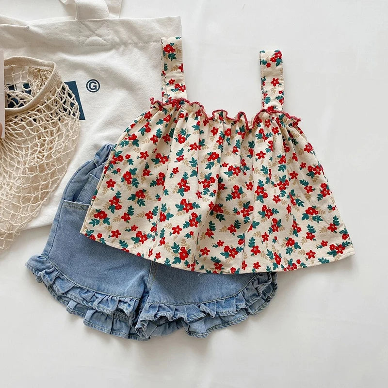 Girls Outfit Sets Summer Kids Casual Clothing For Girls, Fragmented Suspender Skirt + Shorts, Children Baby Girl