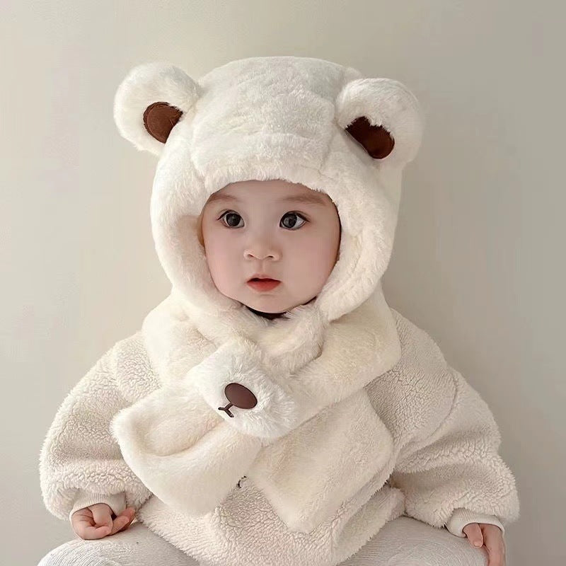 Baby Hat Autumn and Winter Teddy Bear Plush Hat, Winter Children's Thickened Windproof Hat with Scarf, Boys and Girls