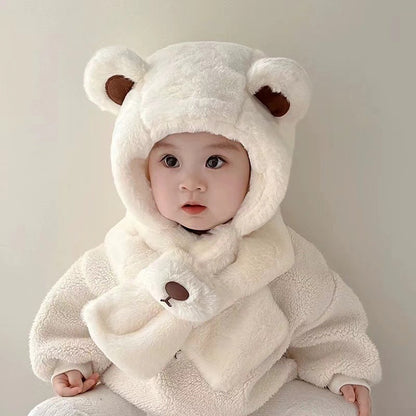 Baby Hat Autumn and Winter Teddy Bear Plush Hat, Winter Children's Thickened Windproof Hat with Scarf, Boys and Girls
