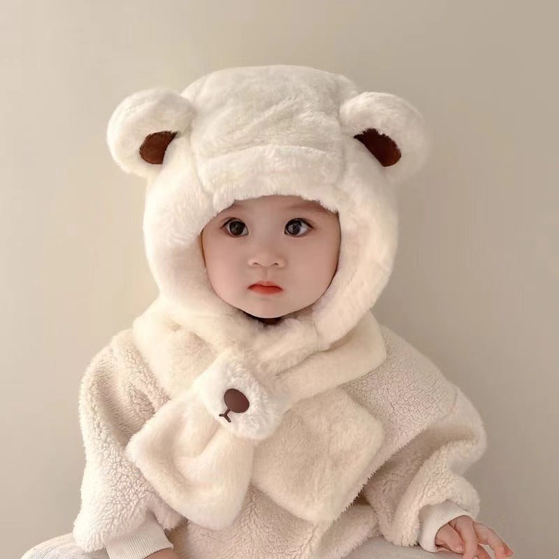 Baby Hat Autumn and Winter Teddy Bear Plush Hat, Winter Children's Thickened Windproof Hat with Scarf, Boys and Girls