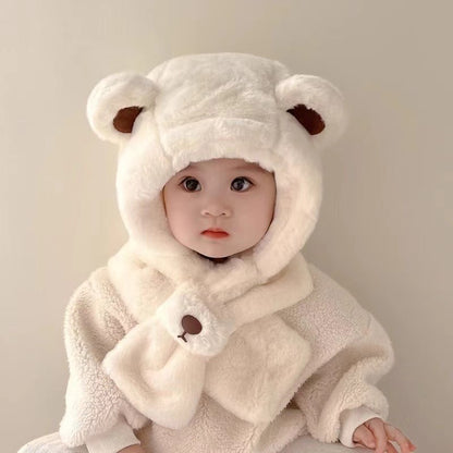 Baby Hat Autumn and Winter Teddy Bear Plush Hat, Winter Children's Thickened Windproof Hat with Scarf, Boys and Girls