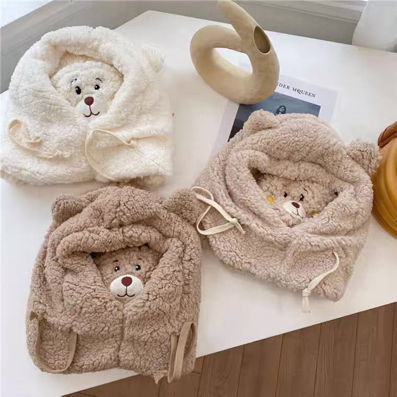 Plush Hat Autumn Winter Double Fleece Warmth Little Bear Hat, Cute Children Cartoon Scarf Hood Cap, Boy Girl Parent