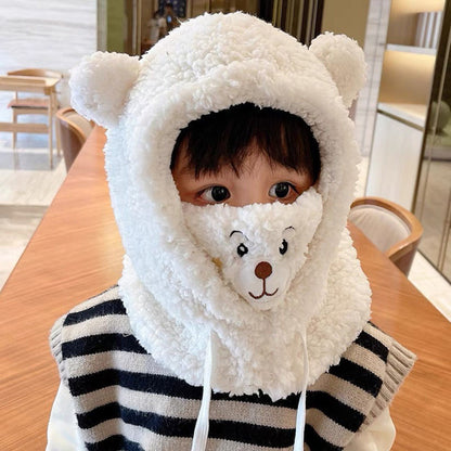 Plush Hat Autumn Winter Double Fleece Warmth Little Bear Hat, Cute Children Cartoon Scarf Hood Cap, Boy Girl Parent
