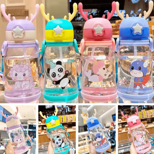Cartoon Kids Water Bottle 500ml Leak Proof Straw Bottle with Pop Up Spout for School and Sports