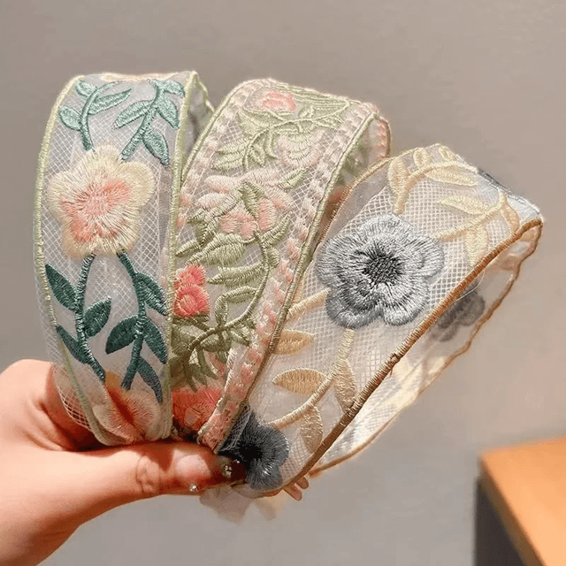 Elegant Chiffon Floral Headband Embroidered Hair Scarf for Women