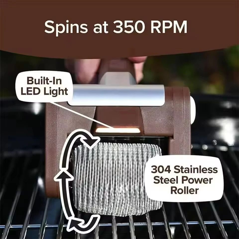 350RPM Cordless Electric Grill Cleaner with Replaceable Stainless Steel Roller Head