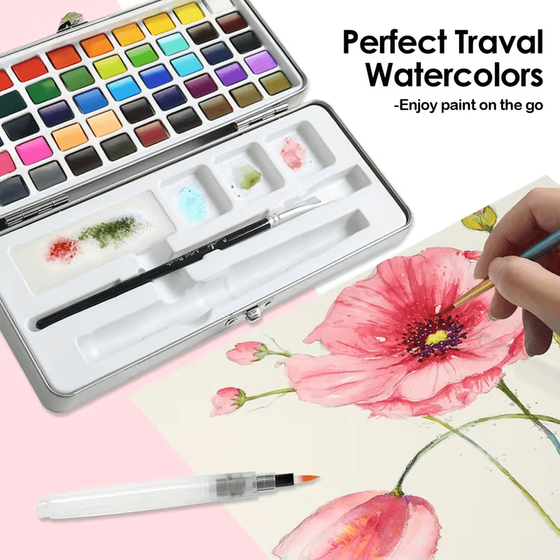 Watercolor Paint Set With 50 Pigments & Refillable Brush – Portable Kit for Artists