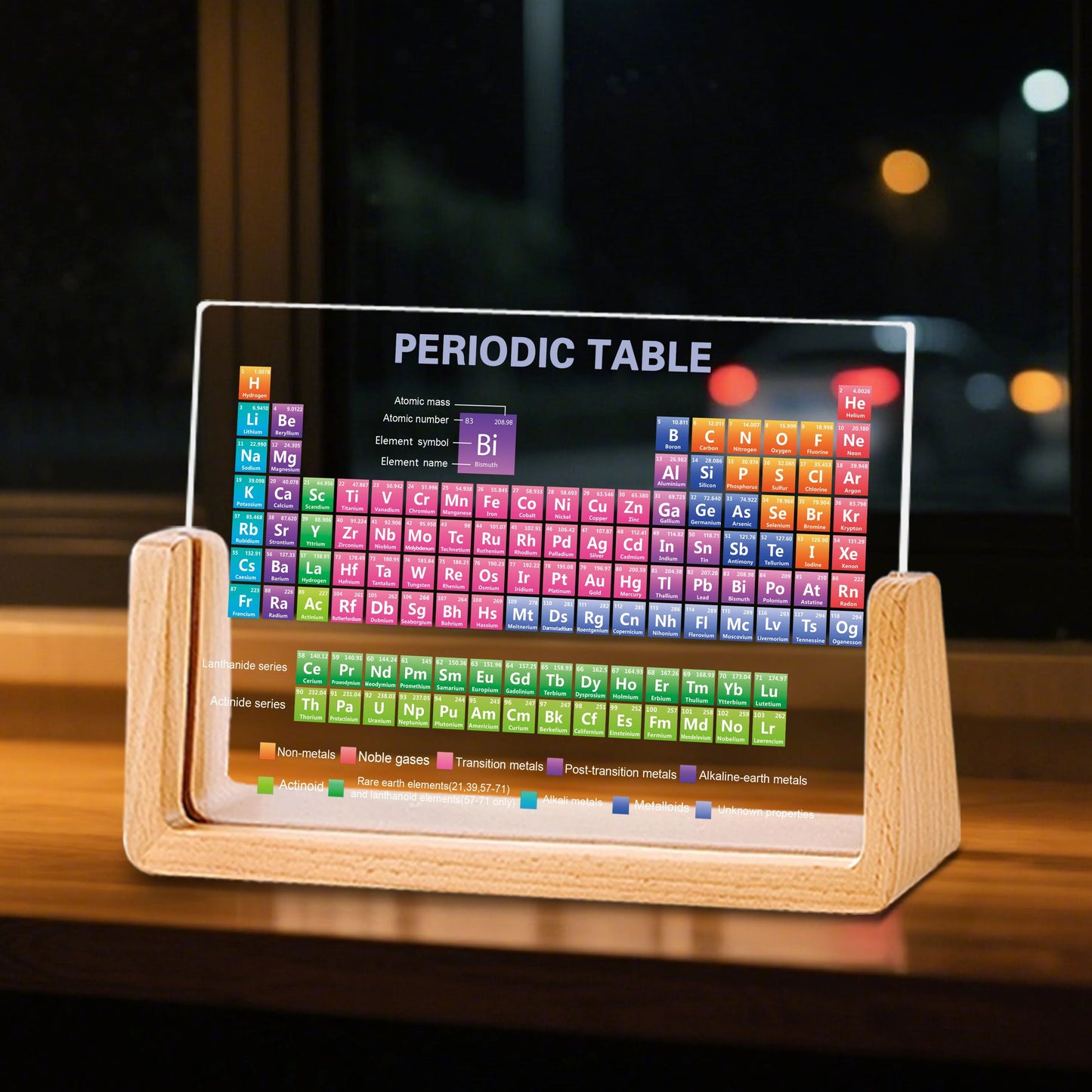 Acrylic Periodic Table with Real Elements and Wooden Base