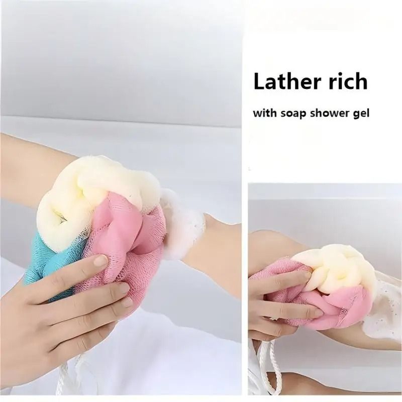Exfoliating Bath Loofah Ball Color Block Foam Mesh Shower Sponge With Long Strap