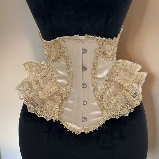 Womens Fancy Underbust Lace Corset Bustier – Gold Boned Lace-Up Waist Trainer Vintage Lolita Bodice for Stage Costume