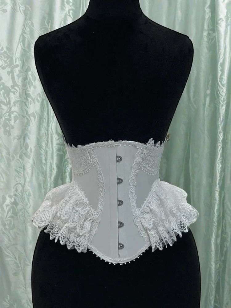 Womens Fancy Underbust Lace Corset Bustier – Gold Boned Lace-Up Waist Trainer Vintage Lolita Bodice for Stage Costume