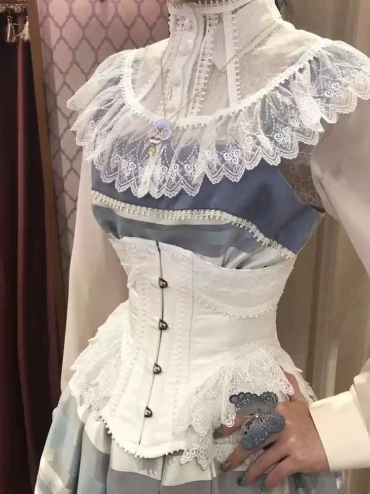 Womens Fancy Underbust Lace Corset Bustier – Gold Boned Lace-Up Waist Trainer Vintage Lolita Bodice for Stage Costume