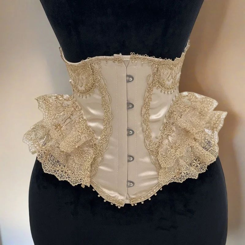 Womens Fancy Underbust Lace Corset Bustier – Gold Boned Lace-Up Waist Trainer Vintage Lolita Bodice for Stage Costume