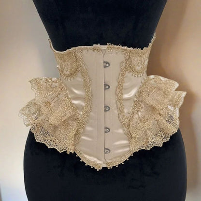 Womens Fancy Underbust Lace Corset Bustier – Gold Boned Lace-Up Waist Trainer Vintage Lolita Bodice for Stage Costume