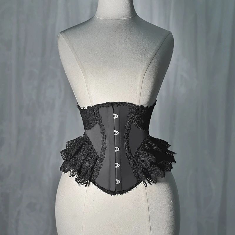 Womens Fancy Underbust Lace Corset Bustier – Gold Boned Lace-Up Waist Trainer Vintage Lolita Bodice for Stage Costume