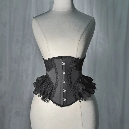 Womens Fancy Underbust Lace Corset Bustier – Gold Boned Lace-Up Waist Trainer Vintage Lolita Bodice for Stage Costume
