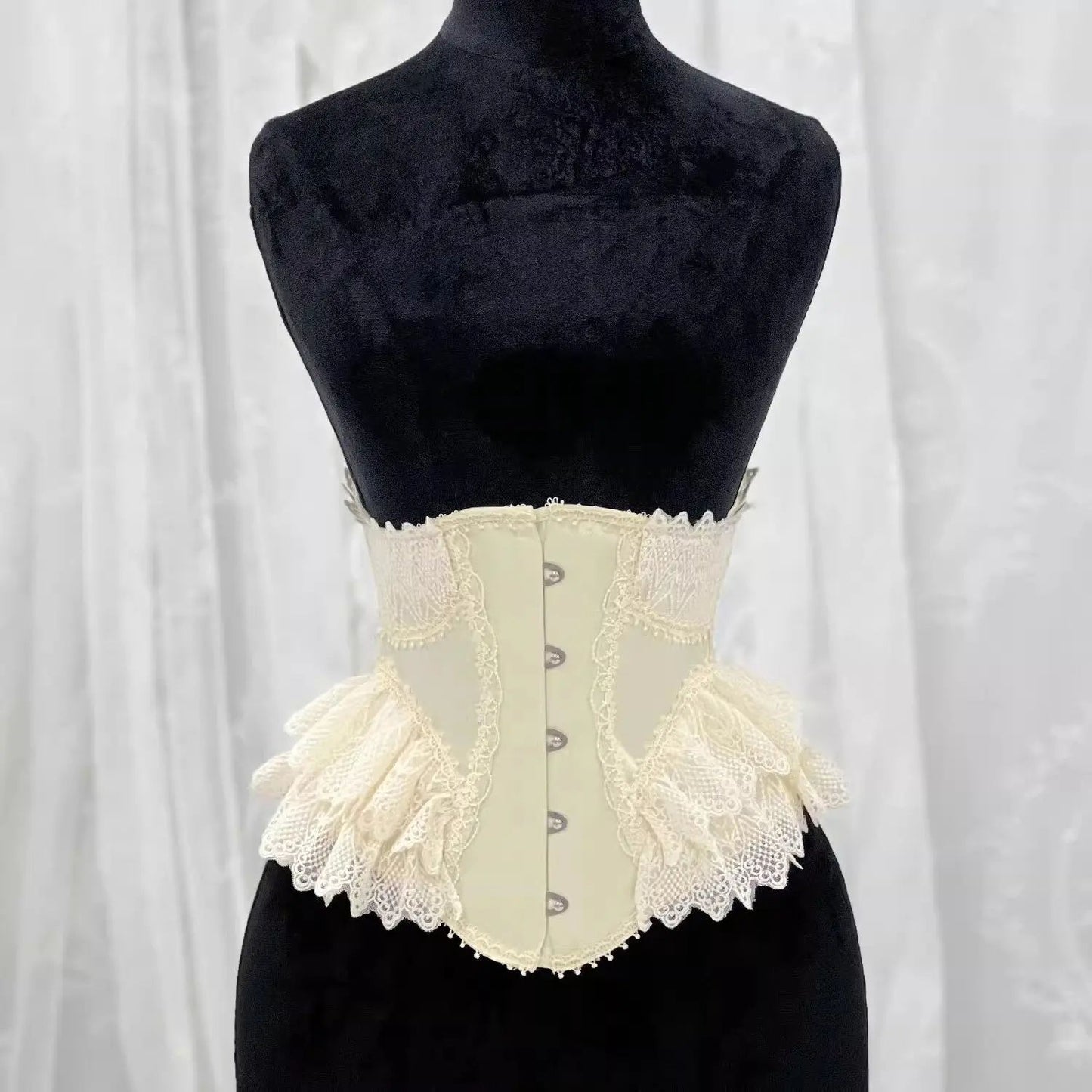 Womens Fancy Underbust Lace Corset Bustier – Gold Boned Lace-Up Waist Trainer Vintage Lolita Bodice for Stage Costume