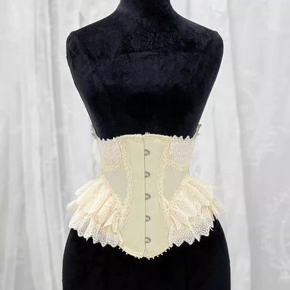 Womens Fancy Underbust Lace Corset Bustier – Gold Boned Lace-Up Waist Trainer Vintage Lolita Bodice for Stage Costume