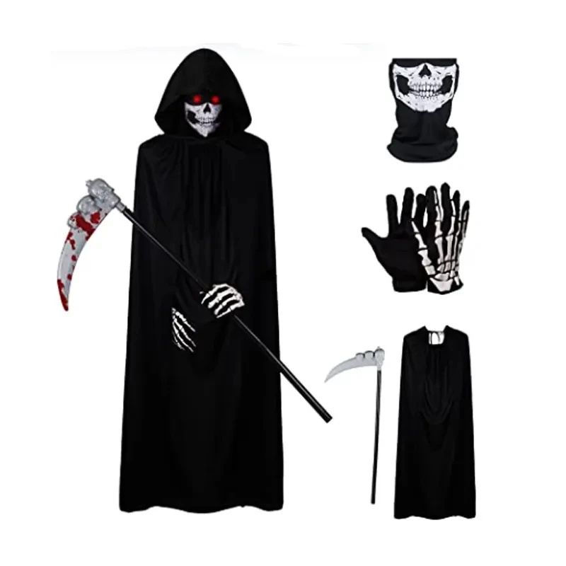 Grim Reaper Costume Set with Hooded Halloween Black Cloak & Skull Mask Props (Kids & Adults)