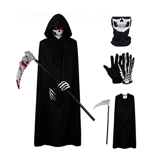 Grim Reaper Costume Set with Hooded Halloween Black Cloak & Skull Mask Props (Kids & Adults)