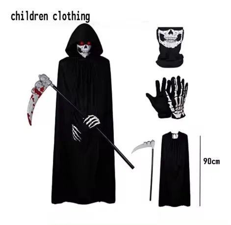 Grim Reaper Costume Set with Hooded Halloween Black Cloak & Skull Mask Props (Kids & Adults)