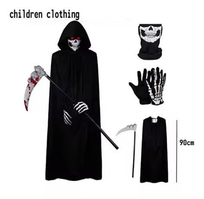 Grim Reaper Costume Set with Hooded Halloween Black Cloak & Skull Mask Props (Kids & Adults)