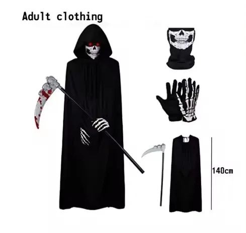 Grim Reaper Costume Set with Hooded Halloween Black Cloak & Skull Mask Props (Kids & Adults)