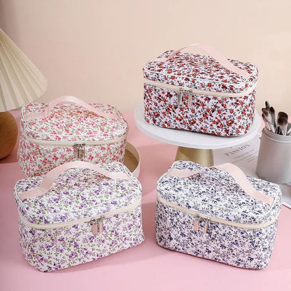 Floral Quilted Makeup Bag Portable Travel Cosmetic Storage Pouch