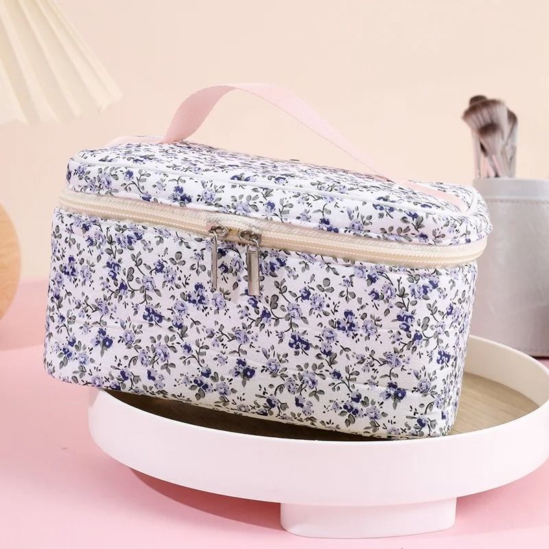 Floral Quilted Makeup Bag Portable Travel Cosmetic Storage Pouch