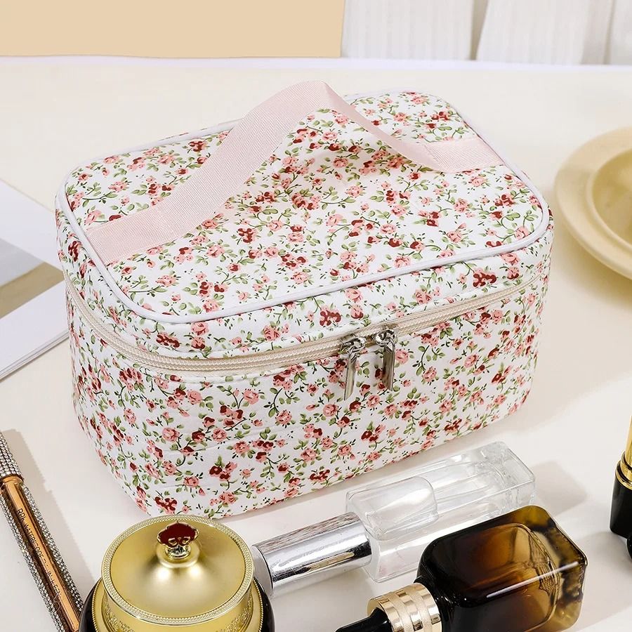 Floral Quilted Makeup Bag Portable Travel Cosmetic Storage Pouch