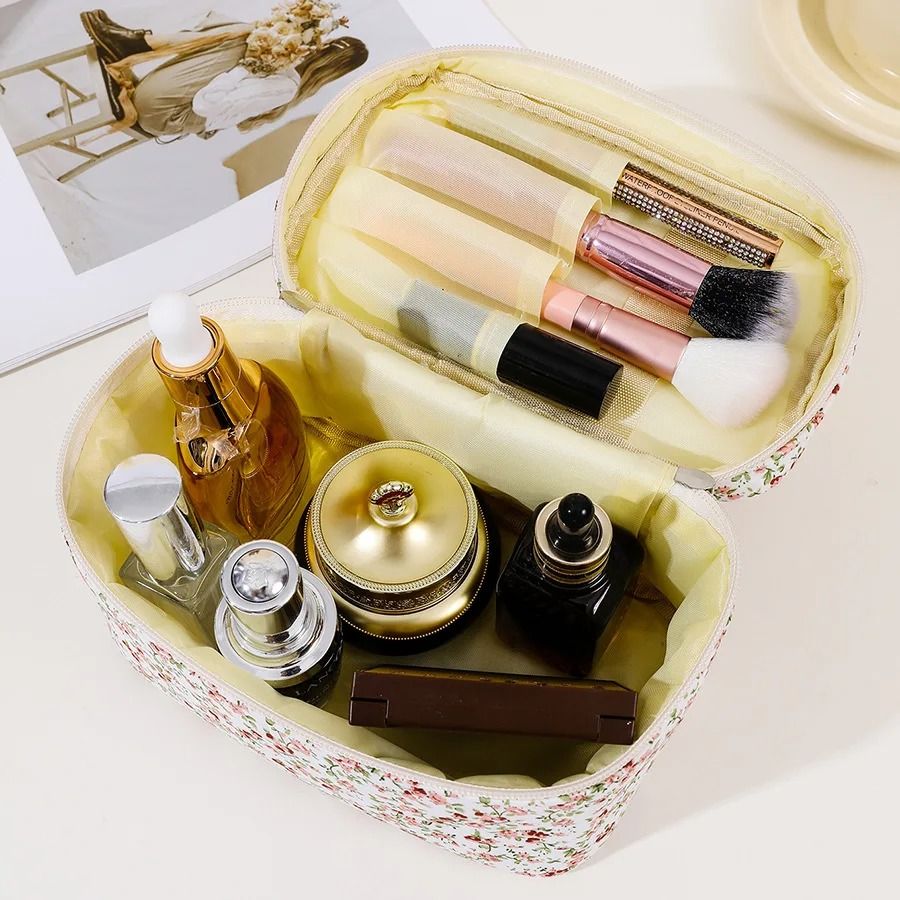 Floral Quilted Makeup Bag Portable Travel Cosmetic Storage Pouch