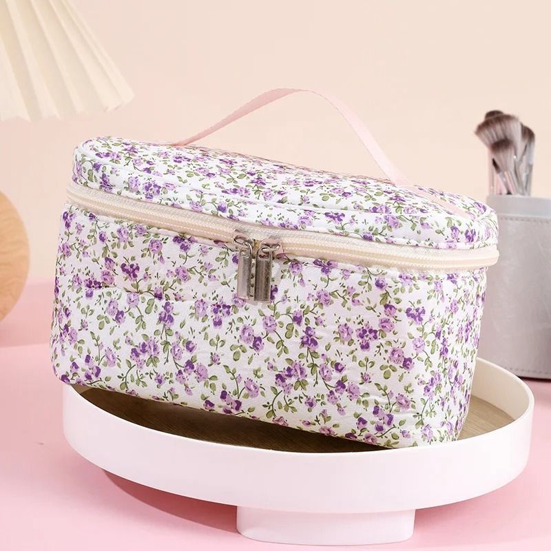 Floral Quilted Makeup Bag Portable Travel Cosmetic Storage Pouch