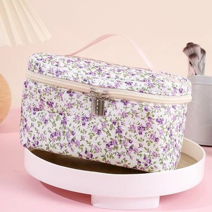 Floral Quilted Makeup Bag Portable Travel Cosmetic Storage Pouch