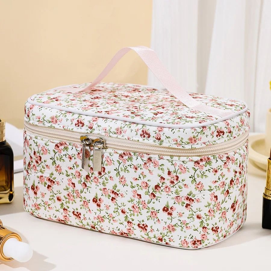 Floral Quilted Makeup Bag Portable Travel Cosmetic Storage Pouch