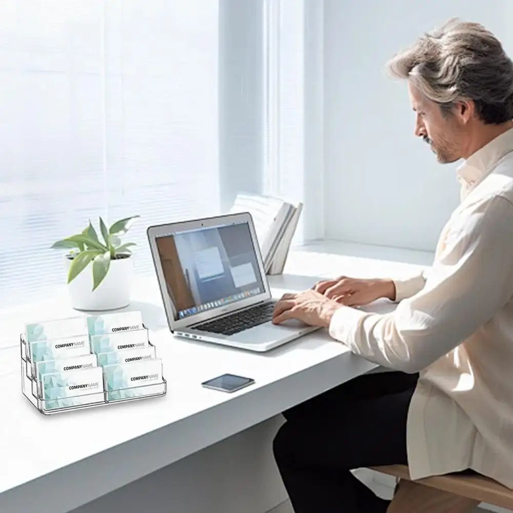 8-Slot Clear Acrylic Business Card Holder – Desktop Display Stand for Office, Reception & Trade Shows