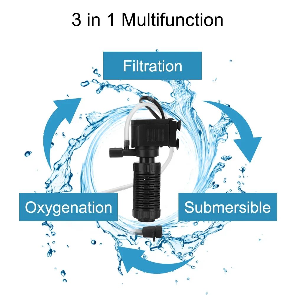 Quiet Mini Aquarium Filter & Submersible Pump (200L/H) with Oxygenation, EasyClean Internal Filter for Fresh & Saltwater