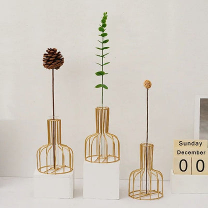 Golden Iron Vase with Clear Tube Modern Flower Holder for Dried Flowers and Home Decor